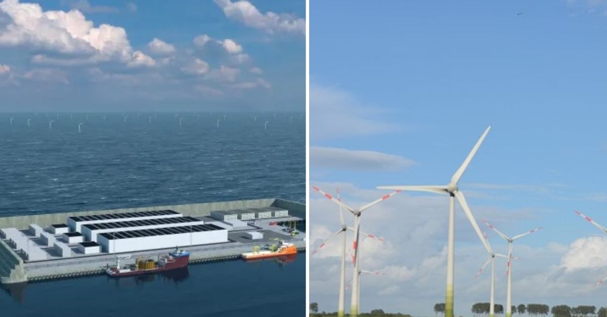 Imagem de ilha de captação de energia eólica em alto mar e imagem de postes com hélices de captação de energia eólica