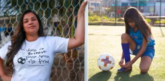 fundadora de escolinha de futebol feminino apoia braço em trave de gol