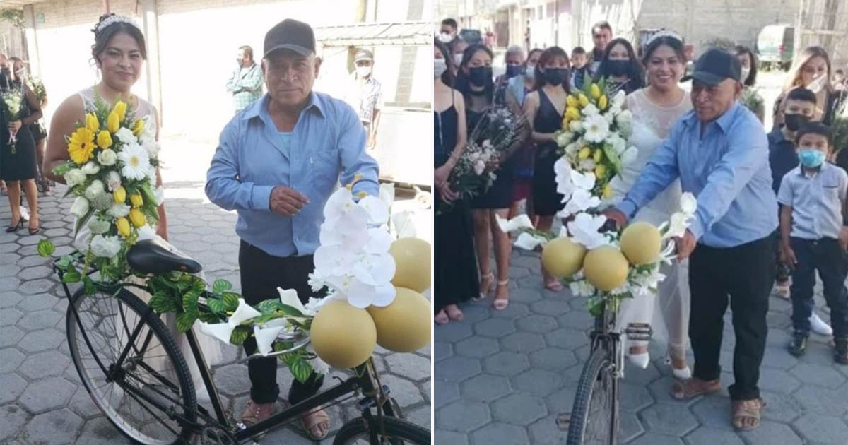 pai leva filha ao casamento em sua bicicleta decorada com flores