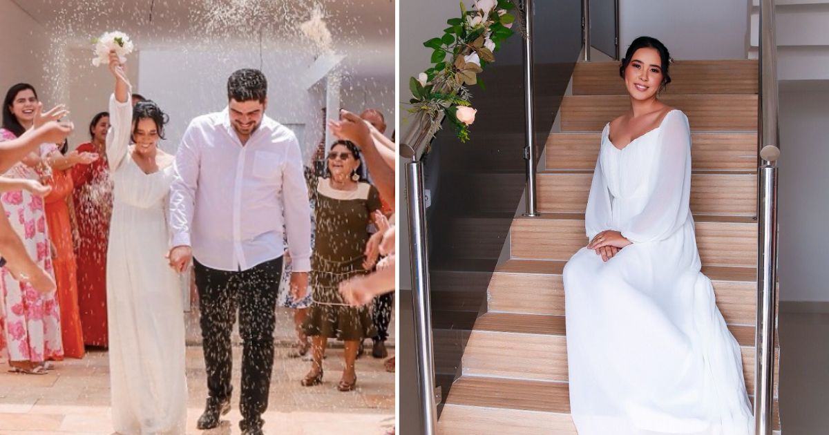Casal de noivos passando por corredor com chuva de arroz e Mulher vestida de noiva sentada em escada
