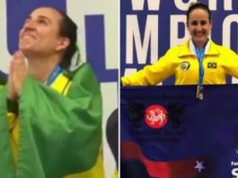 karateca comemora título mundial com bandeira do brasil