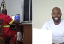 Homem com uniforme laranja trabalhando em computador e homem negro de camisa branca trabalhando em notebook