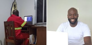 Homem com uniforme laranja trabalhando em computador e homem negro de camisa branca trabalhando em notebook