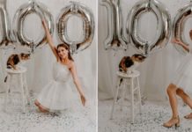 mulher comemora adoção de gato com balões que forma número 100
