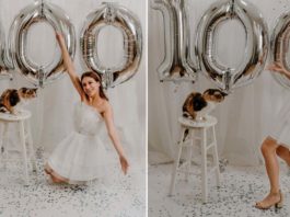 mulher comemora adoção de gato com balões que forma número 100