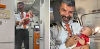 comissário de voo segura bebê no colo para que sua mãe pudesse tomar café e fazer um lanche