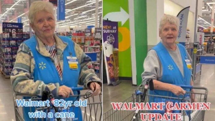funcionária idosa do walmart apoiada em carrinho de compras