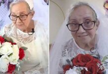 mulher idosa usando vestido de casamento e segurando buquê de rosas brancas e vermelhas