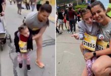 professora abraça aluna especial na linha de chegada de maratona