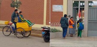pai leva filho à escola em seu carrinho de sorvete