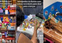 mulher produzindo brinquedos da barbie com materiais recicláveis