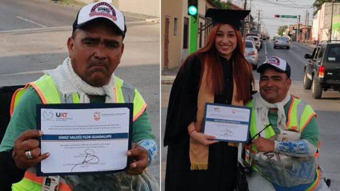 filha segura diploma da faculdade ao lado do pai jornaleiro na rua onde ele trabalha