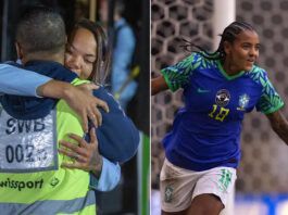 pai se despede de filha jogadora com abraço em embarque da seleção brasileira de futebol feminino para copa do mundo