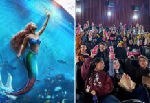 crianças segurando shampoo seda boom em sala de cinema após assistirem ao filme a pequena sereia