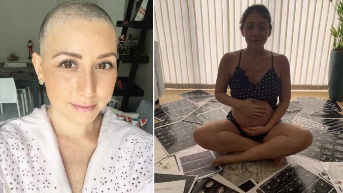 mulher diagnosticada com câncer de mama com a cabeça raspada